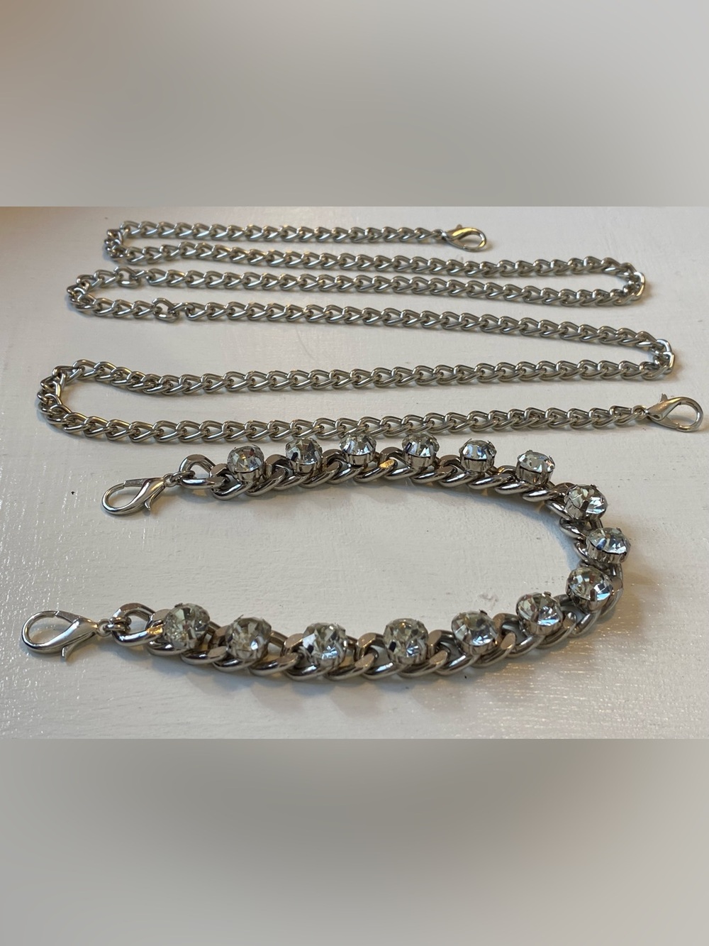 Silver chain shoulder strap with rhinestones